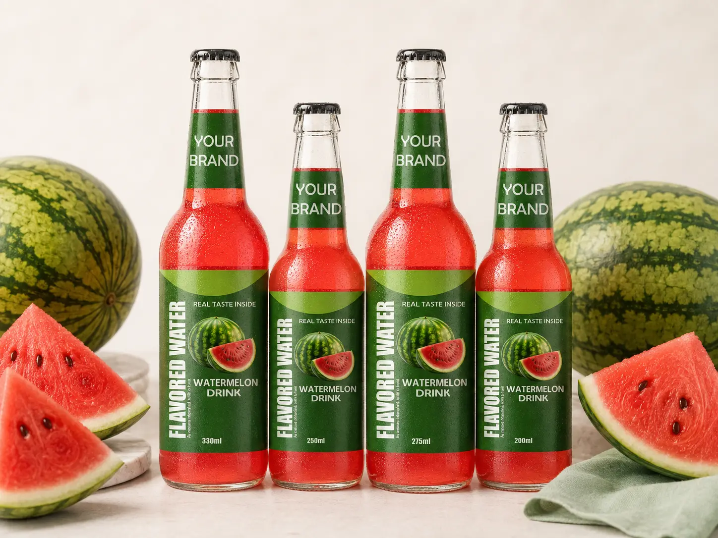 FLAVORED WATER Watermelon flavour in 200ml, 250ml, 275ml and 330ml glass bottles.